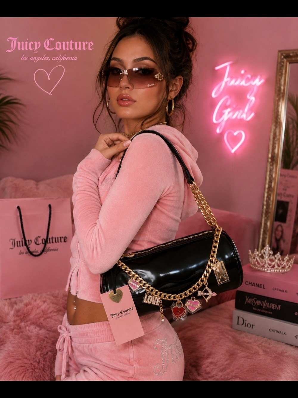 NWT Juicy Couture Black Patent Charm Shoulder Bag | Y2K Gold Chain Purse